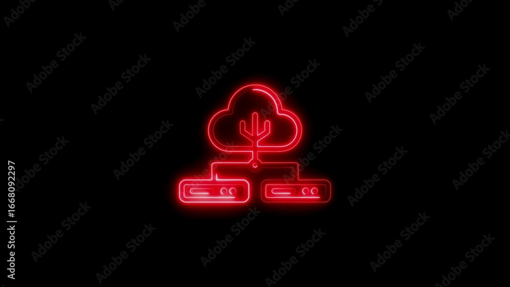 Poster red neon cloud computing icon illuminating digital data storage on black background