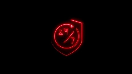 Neon style 24/7 support service icon illuminated against a black background
