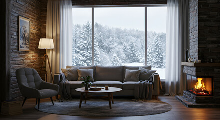 Contemporary living room with large windows showcasing snowy winter scenery