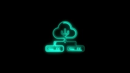 Neon cloud server icon representing data storage and cloud computing on a black background