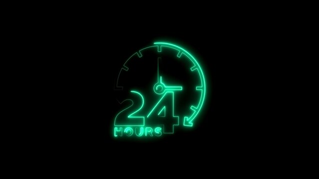 Neon sign of 24 hours availability clock icon on black background design concept