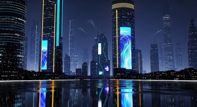 3d illustration of modern futuristic city skyline at night with glowing skyscrapers and reflections on water - Powered by Adobe