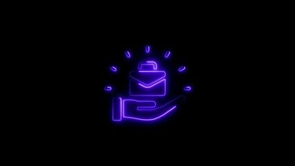 Glowing neon hand holding a briefcase with rays of light on a black backdrop