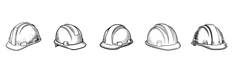 Fototapeta premium A collection of four safety helmets in a simple black and white line art style, perfect for construction and industrial safety projects.