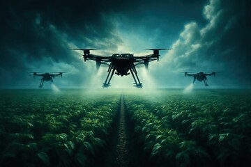 Naklejka premium A drone spraying pesticides over a wide field