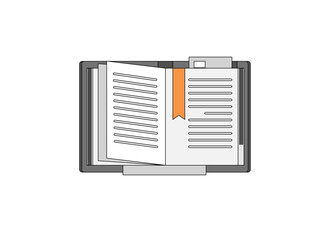Vector illustration of an open book with an orange page divider. The simple, minimalist design, featuring a page with lines of text, is suitable for education, literacy, reading, and library themes.