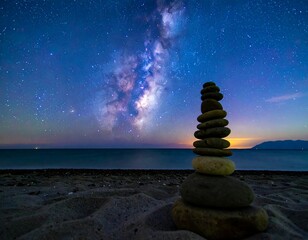 Obraz premium Night Sky, Beach, Stone Stack, Milky Way