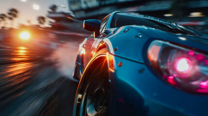 Racing sports car drifting on track at sunset, glowing wheels and speed blur motion