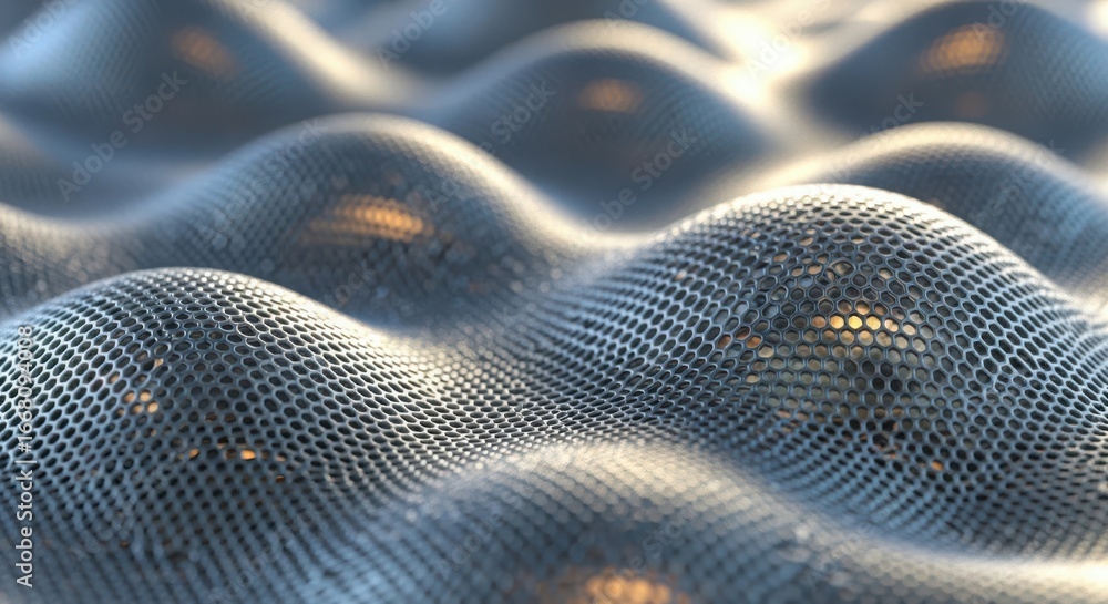 Poster 3d illustration of closeup of a textured, wavy metallic surface with a grid pattern, reflecting ligh