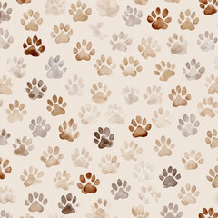 Fototapeta premium Seamless Pattern with Dog and Cat Paw Prints in Brown Watercolor Style