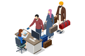 Isometric illustration of migrants waiting in line at border control with passports and luggage. Immigration, travel permit and visa check concept