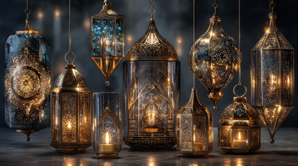 Obraz premium Vintage gold arabic lanterns with glowing candles. Vector realistic set of hanging luminous lamps with golden arabian ornament. Islamic shining fanous isolated on transparent background