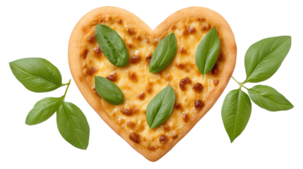 Heart shaped pizza isolated on transparent background with basil leaves and melted cheese topping