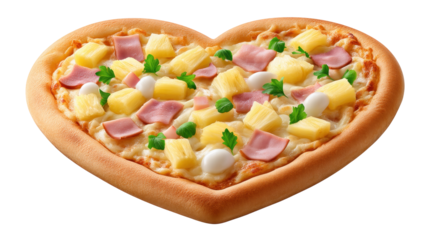 Heart shaped pizza with ham pineapple cheese and parsley isolated on transparent background