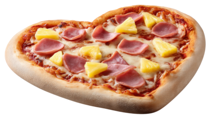 Heart shaped pizza with ham and pineapple isolated on transparent background for romantic concept