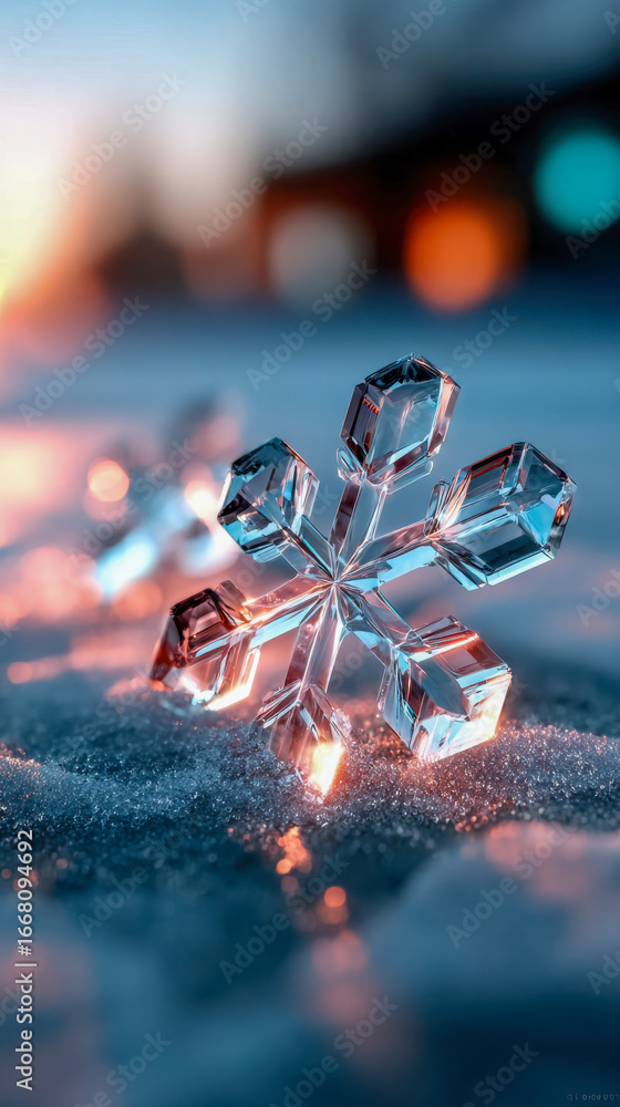 Poster close-up of a transparent snowflake with intricate details, resting on a reflective surface with glo