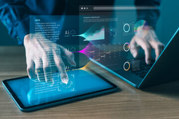 Interactive AI data analytics dashboard with cloud computing and charts for business intelligence, machine learning, and digital decision-making