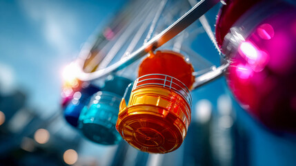 Colorful ferris wheel cabins against a clear blue sky