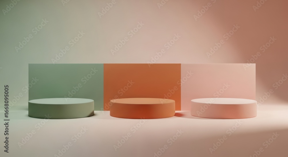 Poster 3d illustration of three minimalist podiums in pastel colors against a soft gradient background with