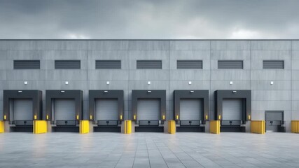 Industrial warehouse facade with loading docks and roller shutter doors for logistics - Powered by Adobe