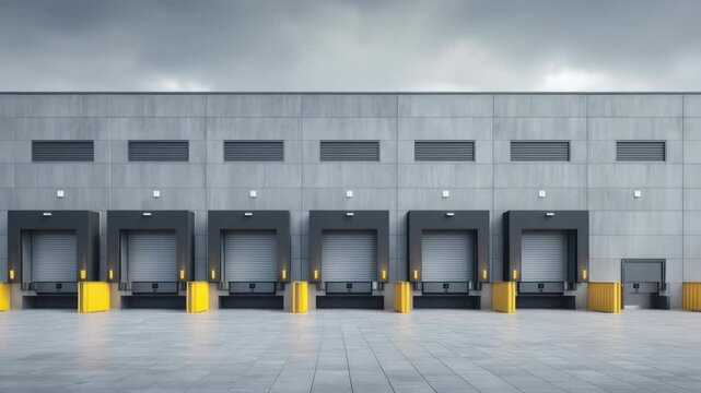 Industrial warehouse facade with loading docks and roller shutter doors for logistics