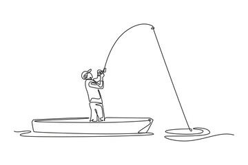 Fototapeta premium Single continuous line drawing man in boat fighting catch with bent fishing rod. Symbolizing adventure, determination, and thrill of fishing. Dynamic one line draw graphic design vector illustration
