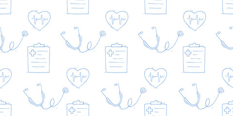 Seamless pattern - Heart health, cardiology concept with stethoscope clipboard, heartbeat. Red heart with pulse line, electrocardiogram vector hand drawn illustration