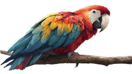 Obraz premium Colorful macaw perched on a branch with red, yellow and blue plumage against white