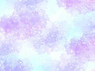 梅雨時のアジサイなど、淡い紫色のお花イメージの背景素材。水彩風テクスチャー。筆のタッチ。水彩の柔らかなにじみ。キラキラした光。水滴の輝き。しっとり感。