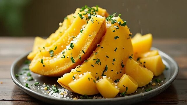  Roast Breadfruit and Ackee served authentically on a plate
