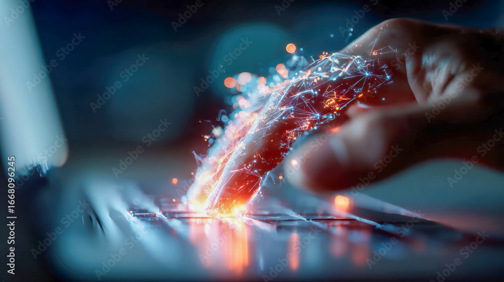Poster futuristic close-up of a digital finger with glowing particles typing on a keyboard