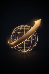  Global Business Growth and Success Concept with Golden Upward Arrow Around Digital Globe on Dark Futuristic Background