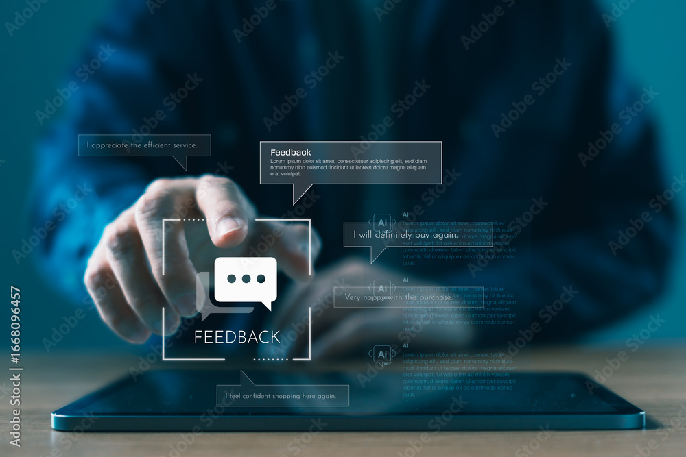 Poster customer feedback and ai chatbot interface on tablet with digital reviews and rating bubbles for use