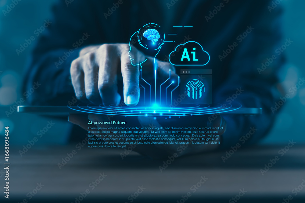 Poster ai-powered digital identity interface with brain, cloud, and fingerprint elements for biometric secu