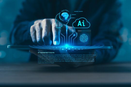 AI-powered digital identity interface with brain, cloud, and fingerprint elements for biometric security, innovation, and futuristic computing technology