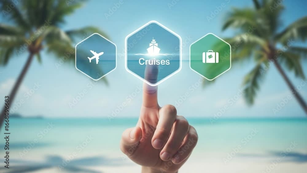 Poster finger touching cruises icon on digital interface with beach and palm trees in the background