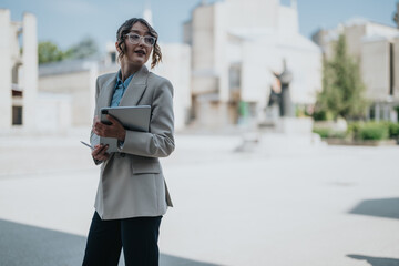A confident business professional holding a tablet and pen while outdoors in a city setting,...