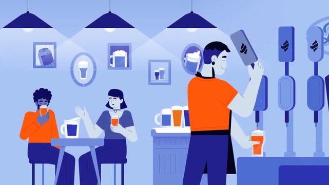 People working and socializing in modern pub with bartender serving drinks in 2D flat animation