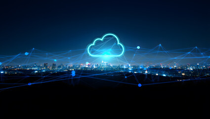 Futuristic Cityscape: Cloud Computing Network, Digital Connections, Night View, Abstract Technology, Global Data, Illuminated City, Blue Hues, Modern Infrastructure.