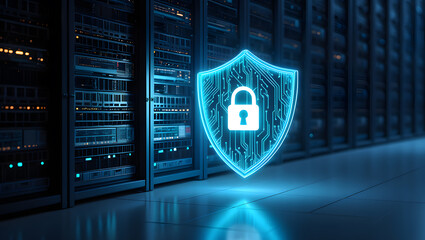 Cybersecurity:  Data Center Server Room Protection,  Glowing Shield Icon,  Digital Security Concept.