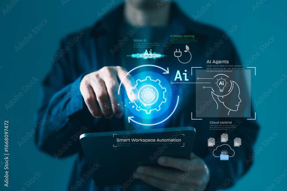 Fototapete ai-powered smart workspace automation interface with cloud system, digital agents, and energy-effici