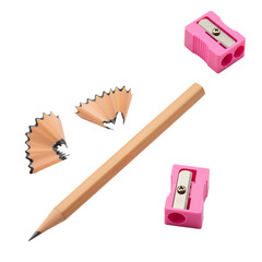 This high-resolution image captures a classic wooden pencil with a perfectly sharpened graphite tip, positioned diagonally across a clean white background. Accompanying it are two delicate spiral shav