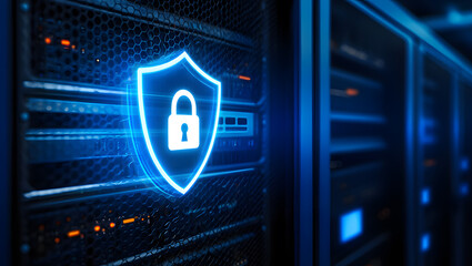Cybersecurity:  Data Center Server Room Protection,  Glowing Blue Shield and Lock Icon.