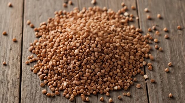 Vibrant motion of falling buckwheat seeds on rustic wooden surface