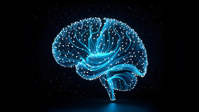 Abstract glowing blue brain; neural network concept; futuristic AI technology; digital mind; dark background.