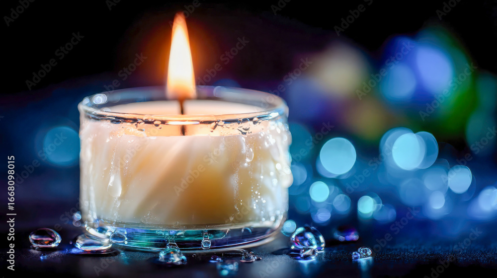Poster close-up of a burning candle with water splashes against a dark bokeh background