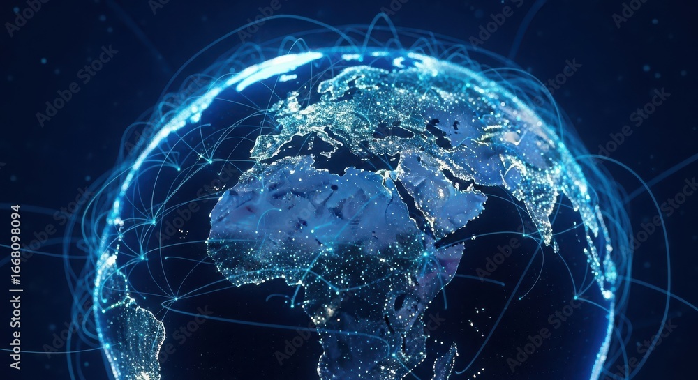 Poster 3d illustration of global network of connections and data flow across the earth, digital technology 