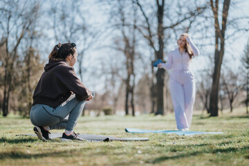 People enjoying outdoor exercise in a park, engaging in fitness routines and enjoying fresh air. A serene natural setting perfect for fitness and wellness.