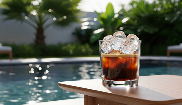 "Iced Americano with Crystal Glass by Poolside in Relaxing Summer Vibes" - Powered by Adobe