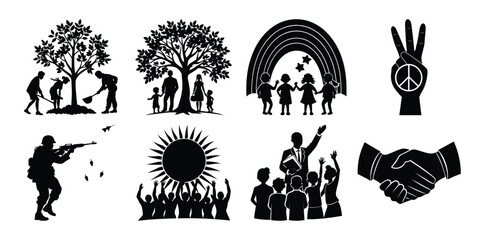 Black and White Silhouettes Depicting Peace Growth Unity and Social Issues